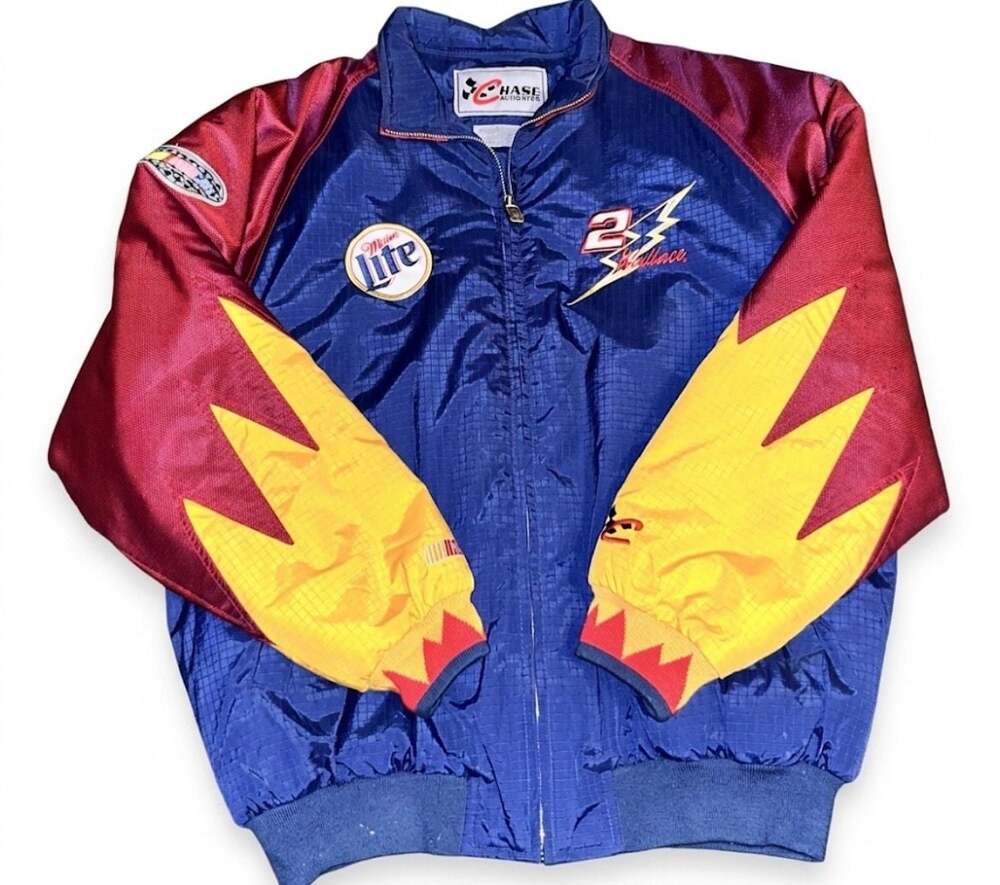 Vintage NASCAR Jacket Mens Large Blue Flames Puffer Rusty Wallace Chase Racing Y